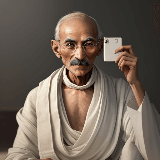 AI generated: a detailed and Mahatma Gandhi is wearing his iconic white dhoti and shawl. He is holding a smartphon...