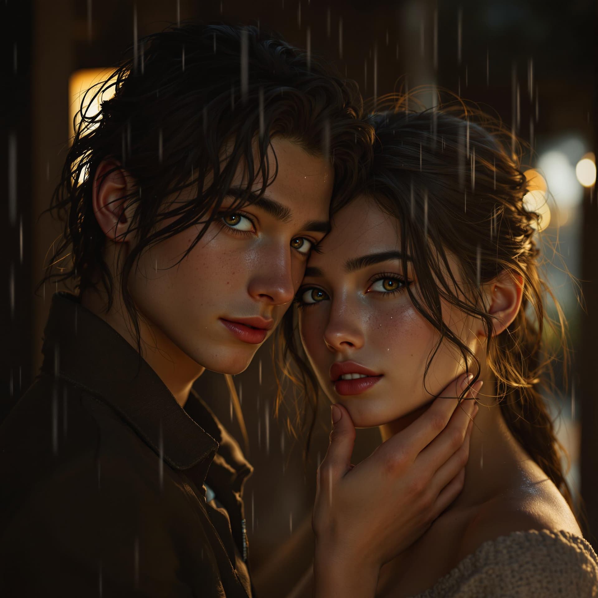 AI generated: a photorealistic portrait of two young people standing close together, one resting their head on the...