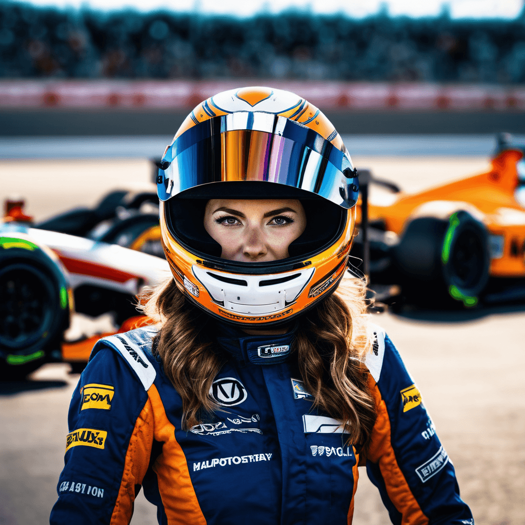 AI generated: A determined 23-year-old female race car driver, clad in a high-speed racing suit and helmet, exudes...