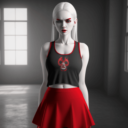 AI generated: Devil, girl, tank top, skirt, pale, full body, red, hyper realistic, 8k, staring at viewer
