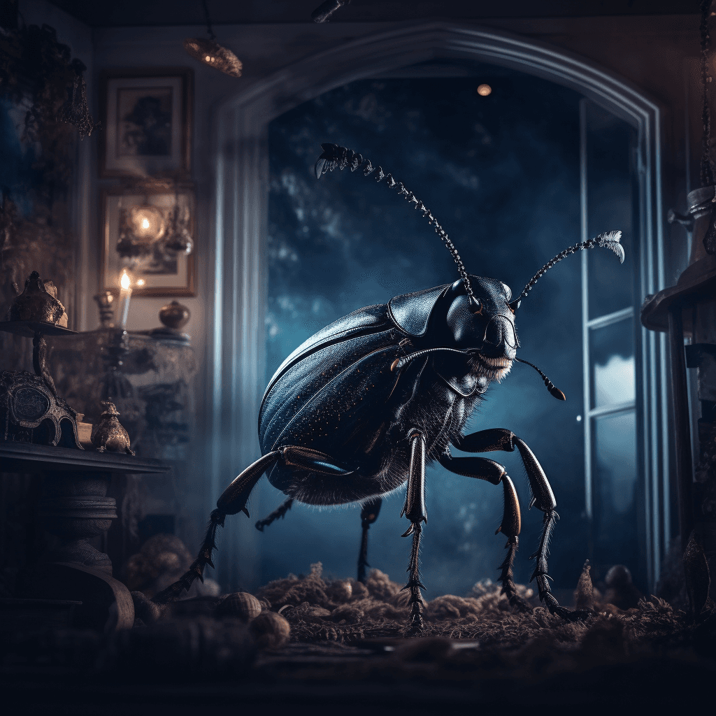 AI generated: giant beetle two meters long in a dark room with decoration from the year 1970, side view, window, n...
