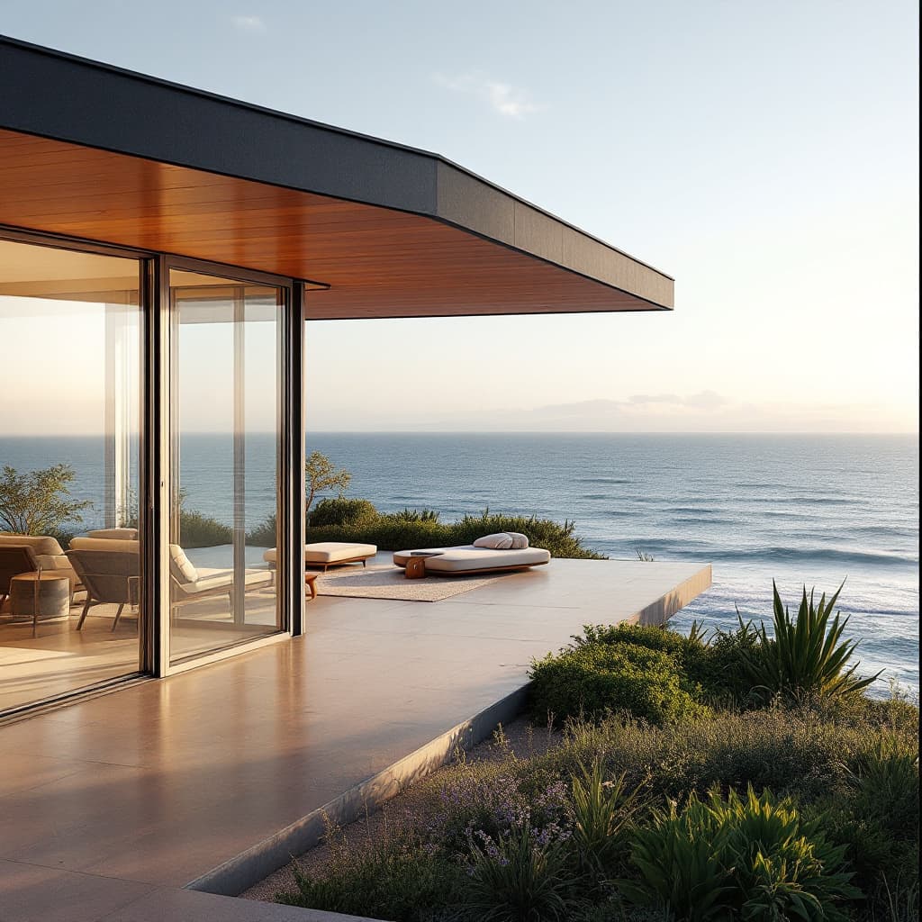 AI generated: Hyper realistic eye level exterior photo of a mid century modern style house overlooking the ocean, ...