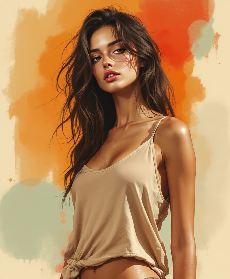 AI generated: Beautiful, sexy young woman in a loose tank top in Frazetta style. Acrylic on paper. Minimal style. ...