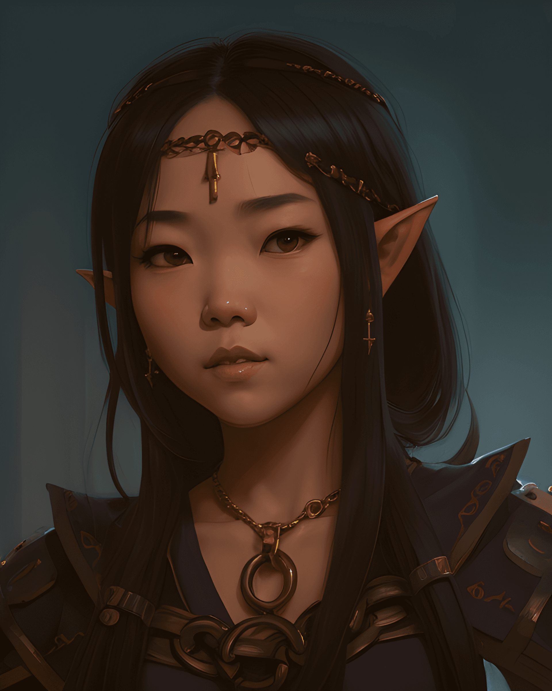 AI generated: a painting of a woman with a chain around her neck, a character portrait, Artstation contest winner,...