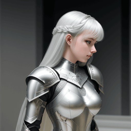 AI generated: a woman in armour, in the style of light white and dark silver, y2k aesthetic, soft, dream-like qual...