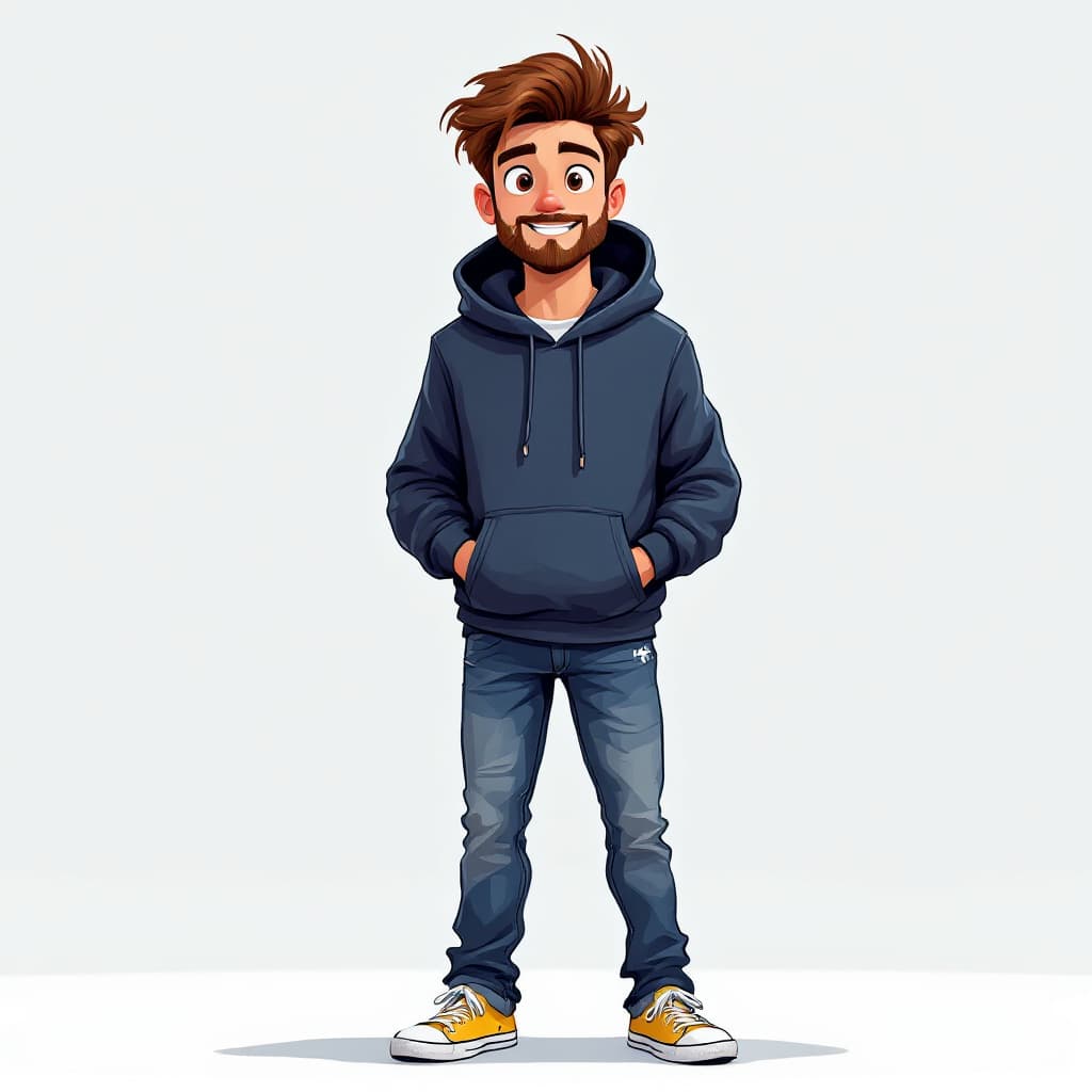 AI generated: A full body illustration of an animated cartoon portrait of a young man with brown hair and a slight...