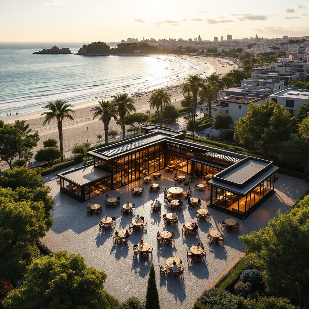 AI generated:  Bird's eye View of  modern Cafe comes restaurant with 3 built structure in Cergy, Beach view in bac...