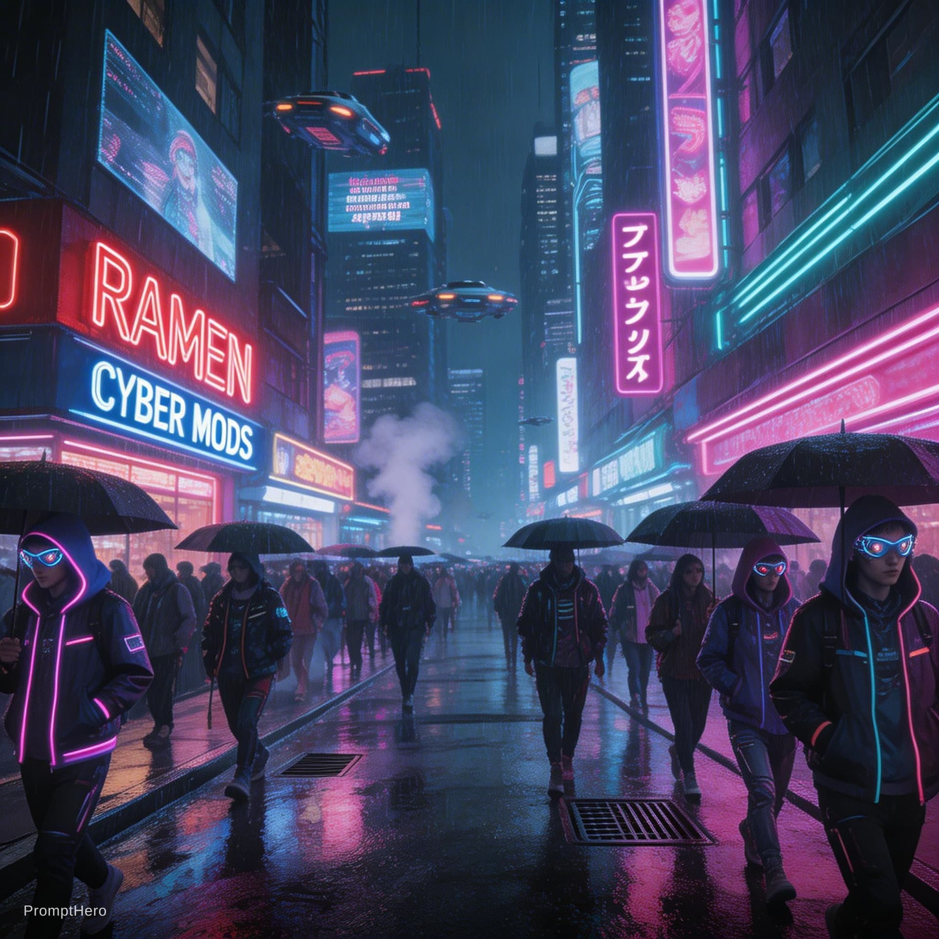 AI generated: A crowded city street in cyberpunk style with neon lights, rainy night, futuristic buildings and fly...