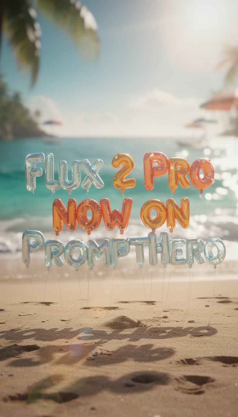 AI generated: Vibrant beach scene featuring the text “Flux 2 Pro Now On PromptHero” formed by large, glossy, infla...