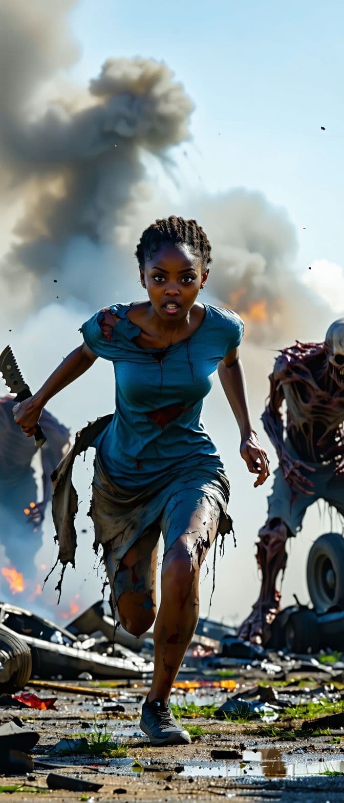 AI generated: On the junkyard, smoke in the background, and zombies. A very young black woman running with destroy...
