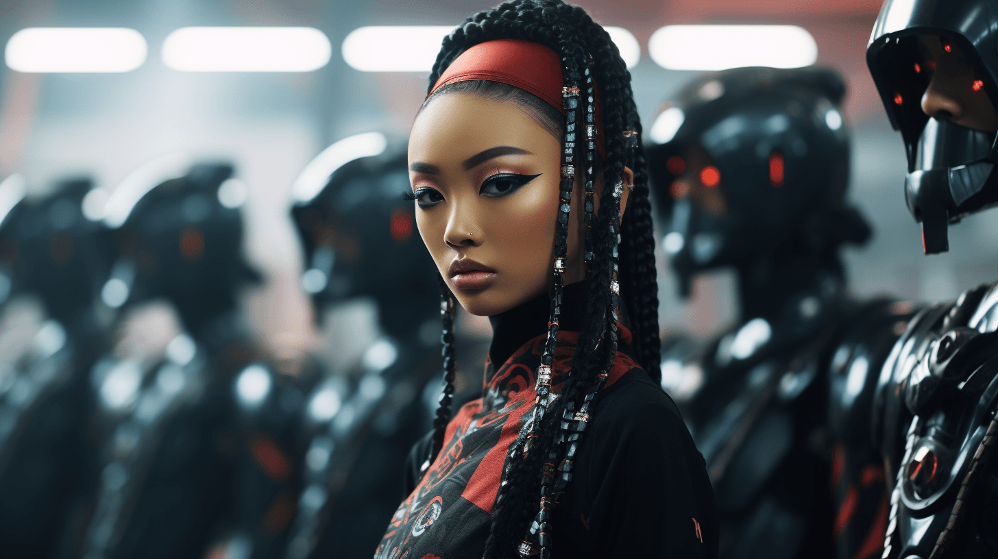 AI generated: Rina Sawayama as cybernetic samurai, Sony a7R IV camera, Meike 85mm F1.8 lens, wide-angle shot, full...