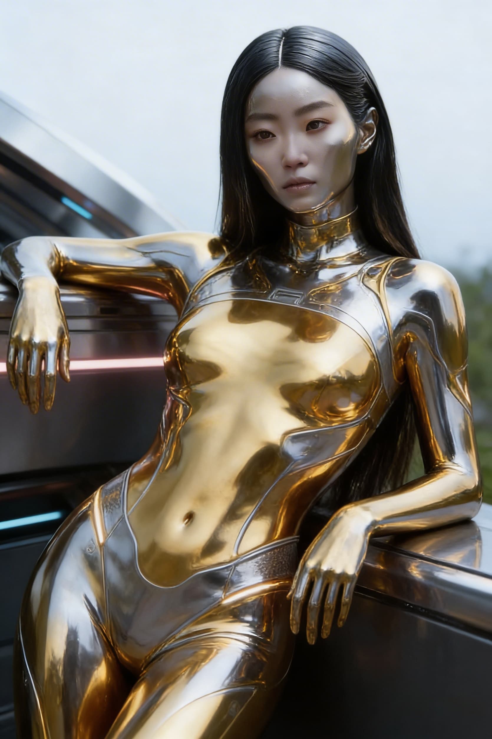 AI generated: Create from the reference image, a solid golden-silver being, powerful, loving. From flesh to sleek ...