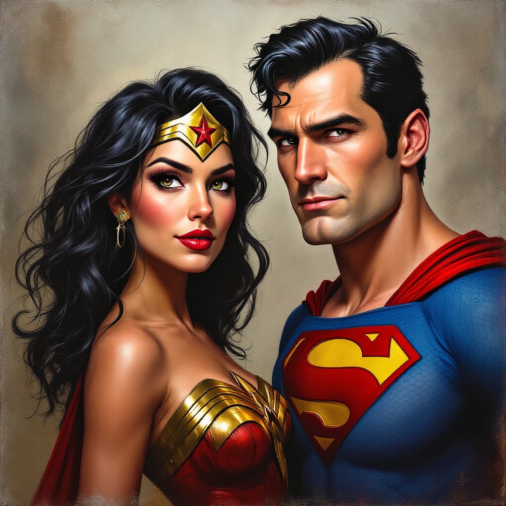 AI generated: caricature of superman and wonder woman