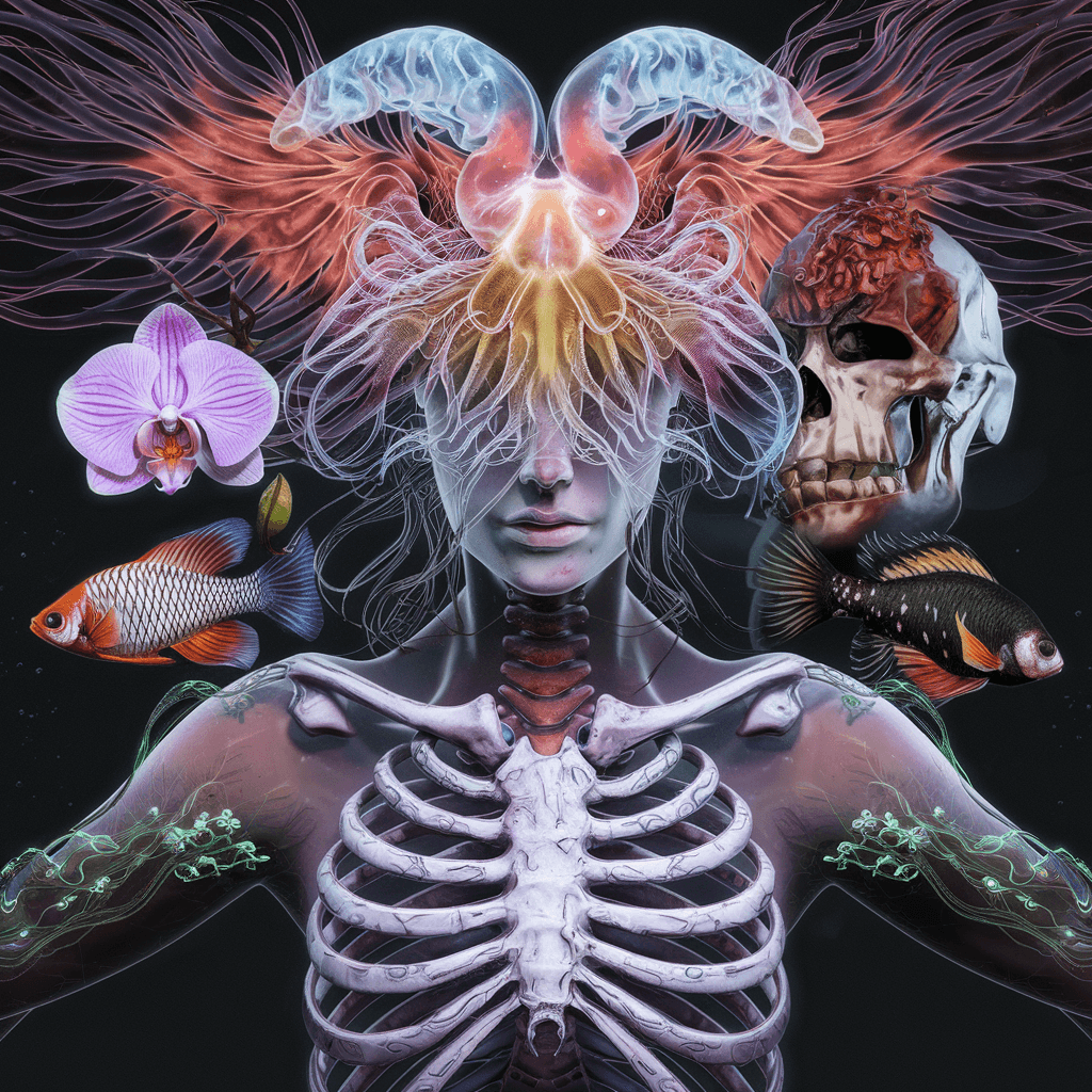 AI generated: Goddess close-up portrait ribcagel. jellyfish phoenix head, nautilus, orchid, skull, betta fish, bio...