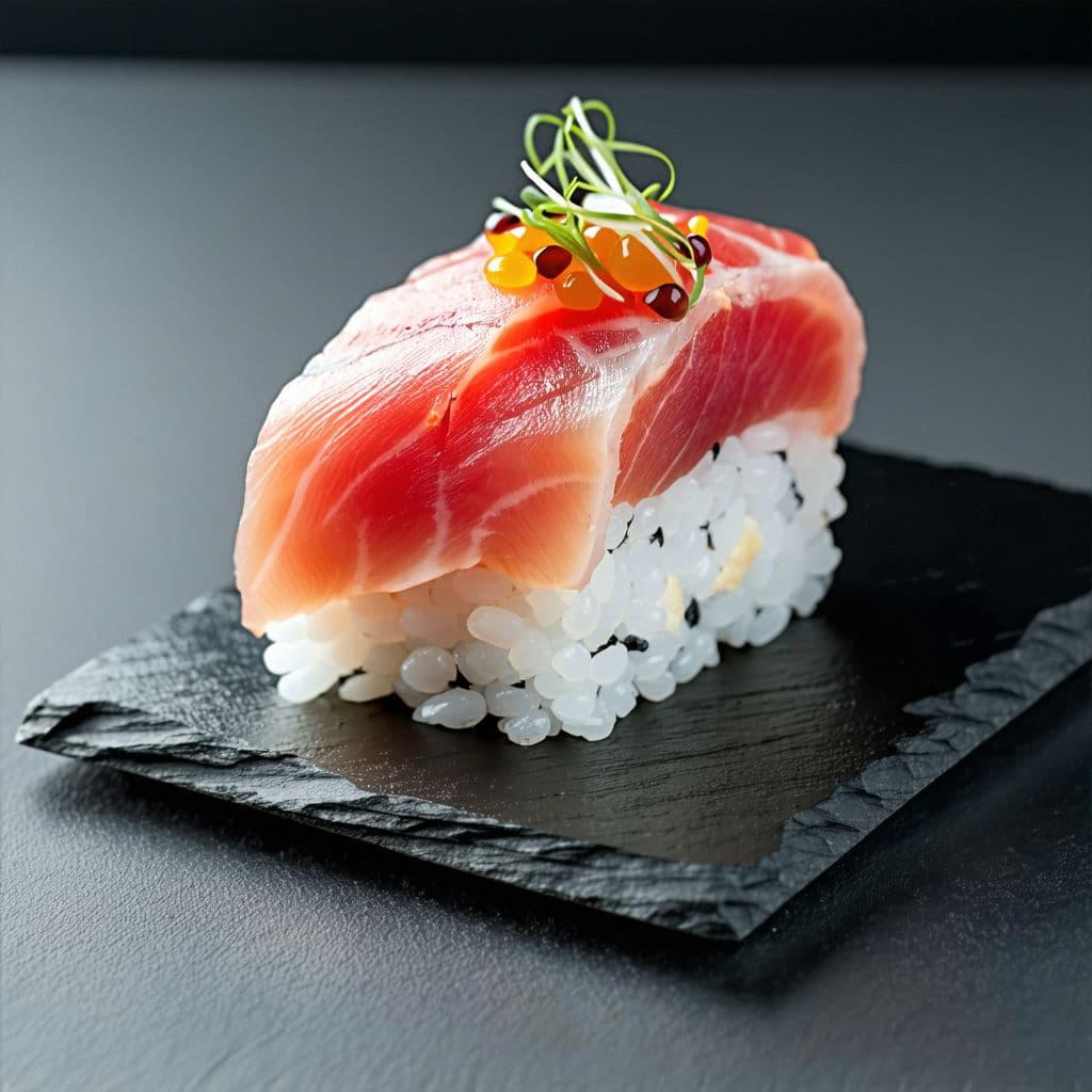 AI generated: single fresh thick slice tuna sushi on the stone dark table in the loft style room with light gray h...