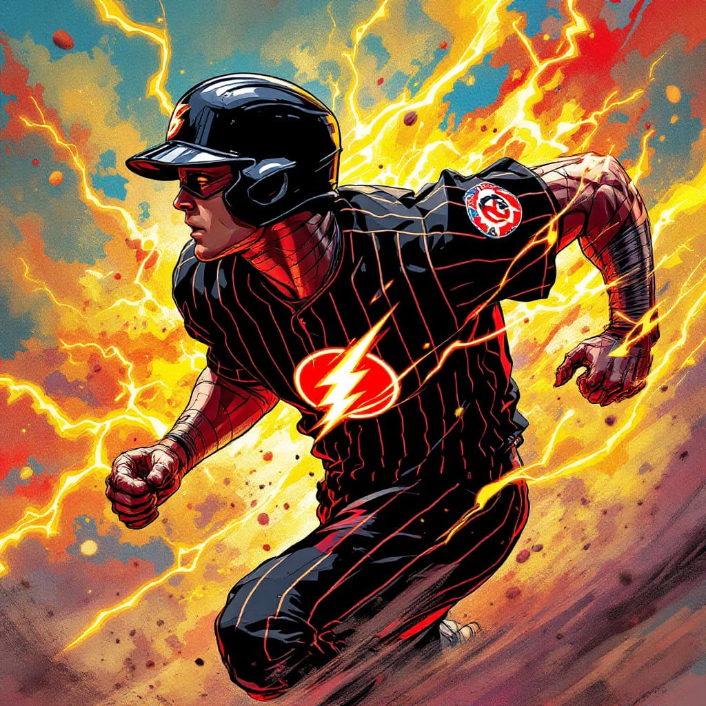 AI generated: an illustration of a flash gordon with a black baseball helmet and black pinstripe shirt with a ligh...