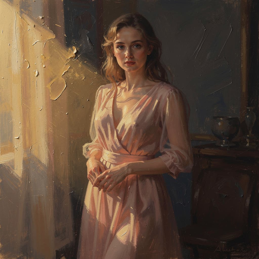 AI generated: a painting of a woman, in the style of brushstroke-intensive portraits, cinematic elegance, golden l...