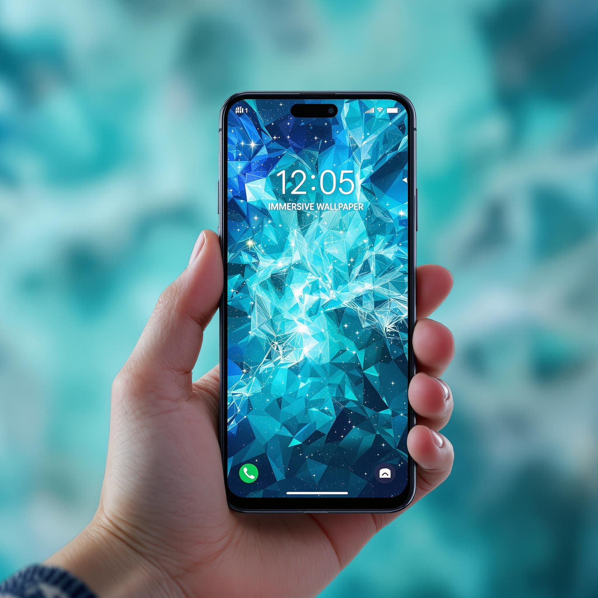 AI generated: a smartphone product showcase, smartphone display showing immersive wallpaper and time, blurred turq...