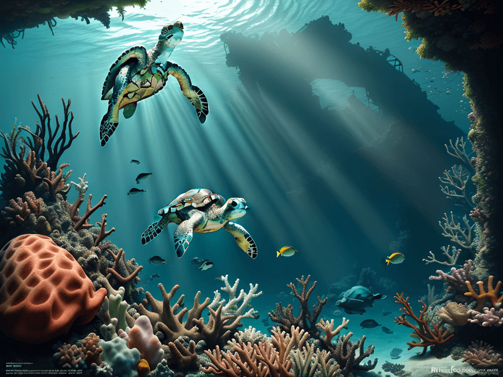 AI generated: Hyper realistic eye level diving photo of a baby happy green sea turtle overlooking the ocean, old w...