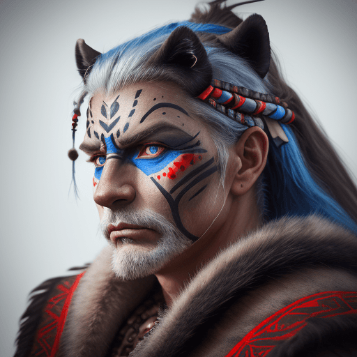 AI generated: hyperrealistic style,portrait photo of a Austrian old warrior chief, tribal panther make up, blue on...