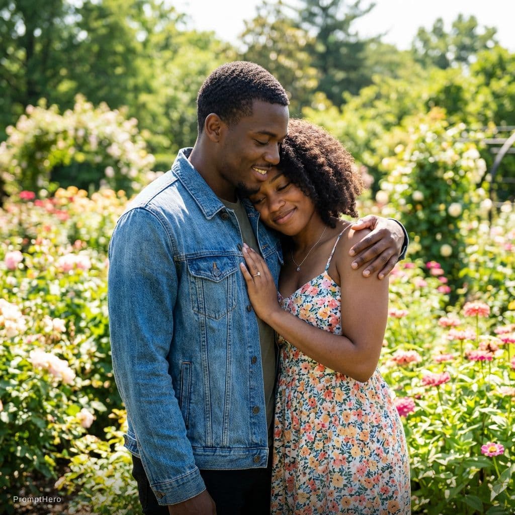 AI generated: loving black American couple 22 yrs in an embrace in the garden 