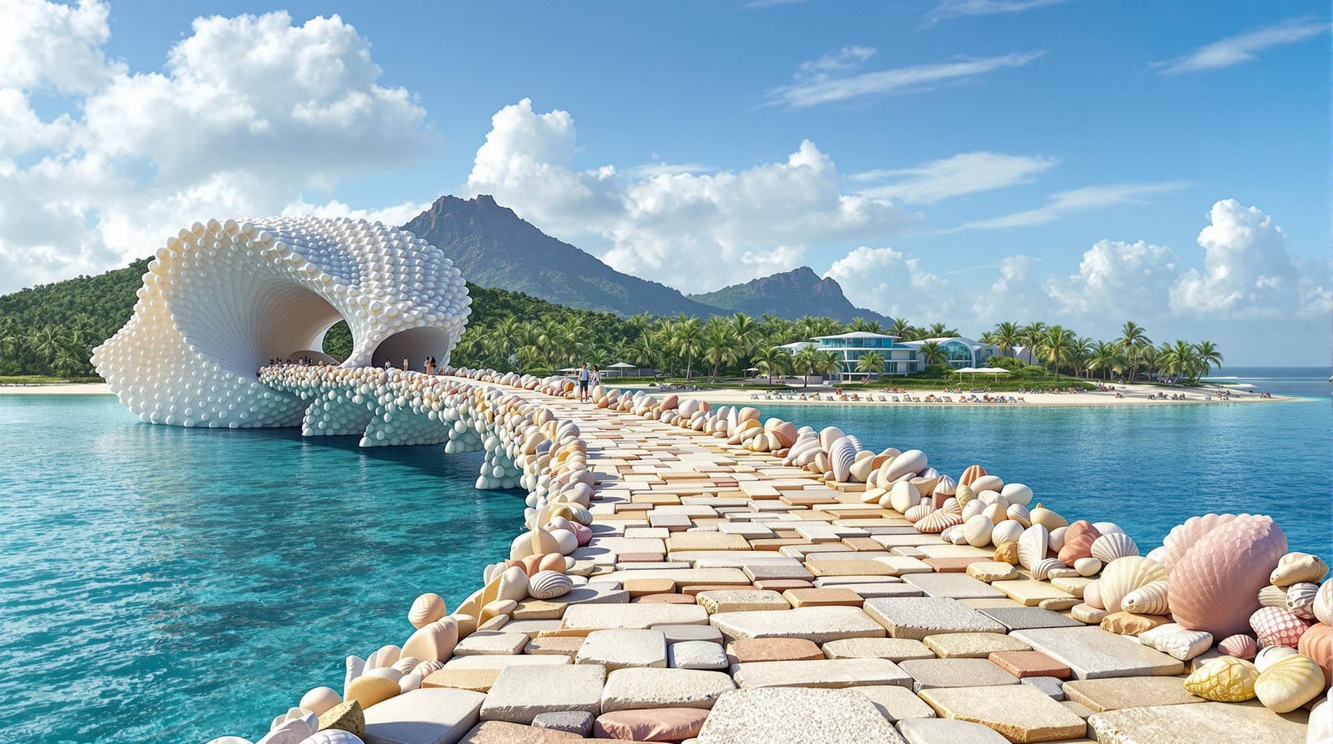 AI generated:  a long fictional bridge,made of giant seashells and pearl with high arches,modern complex architect...