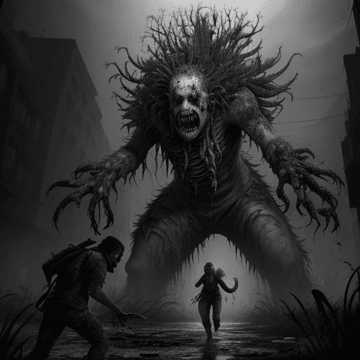 AI generated: illustration black-and-white of The "Rat King" in "The Last of Us Part II" is a massive, grotesque f...