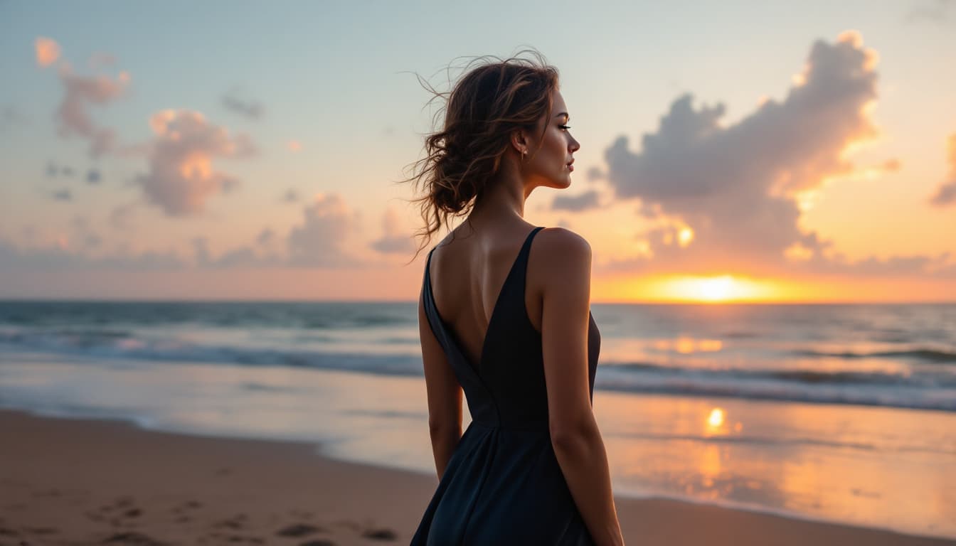 AI generated: Estilo tipo inspirador. Paisaje: playa al atardecer. Una mujer con ropa de empresaria (sin aretes, n...
