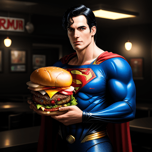 AI generated: Superman burger, hyperrealistic, cinematic, dramatic lighting