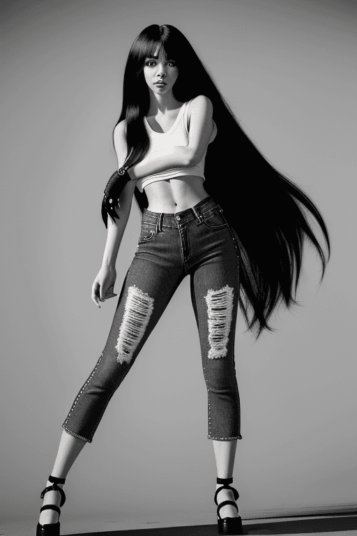 AI generated: low angle dolly-shot of a woman, black and white anime, extremely long hair, cropped top and jeans, ...