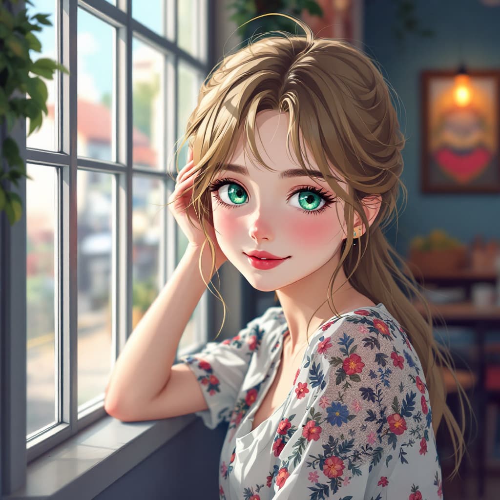 AI generated: a Boho Chic young girl, emerald eyes, perfecteyes, eyebrows, hair behind ear, pale white skin, light...