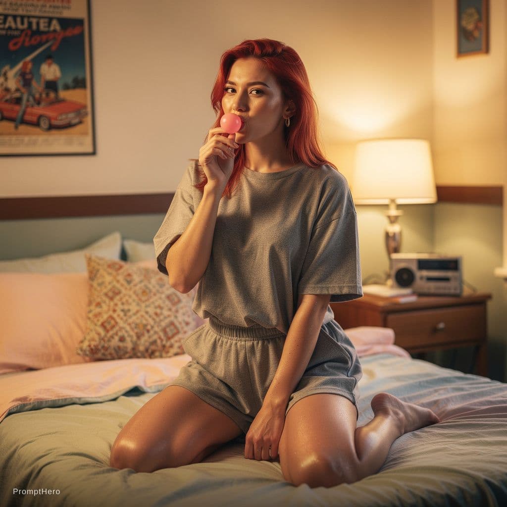 AI generated: Photo of a 20-year-old woman with vibrant red hair, slender yet curvy, kneeling on a bed in a playfu...