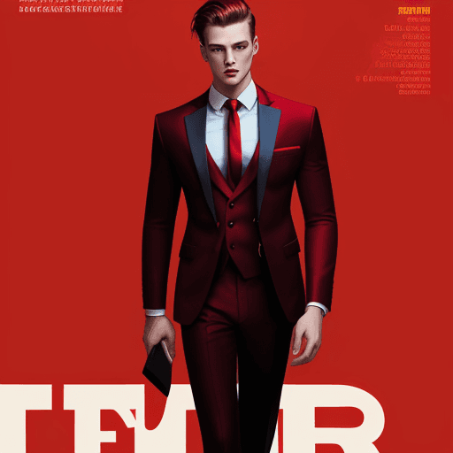 AI generated: fashion cover, front view, upper-body, stud, male model, Vibrant Hot red Backdrop, suit, formal shir...