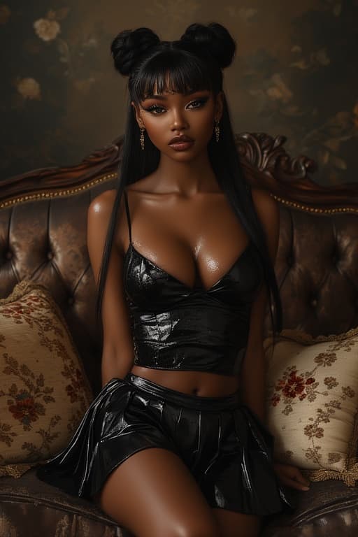 AI generated: A stunningly beautiful Black woman with dark skin, wearing a black patent leather crop top and pleat...