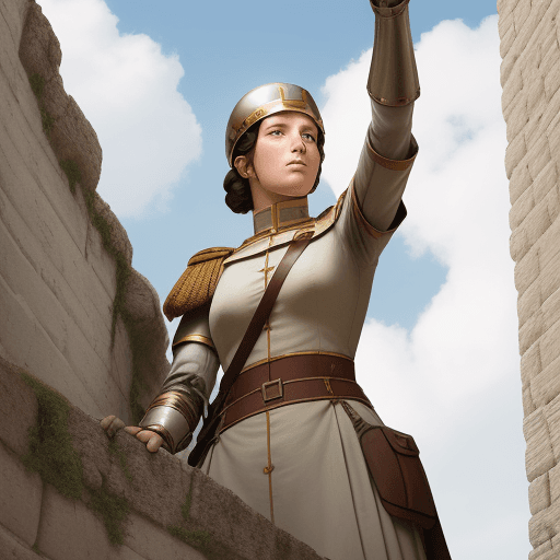 AI generated: looking up at a Female Roman soldier standing on top of a high wall 
