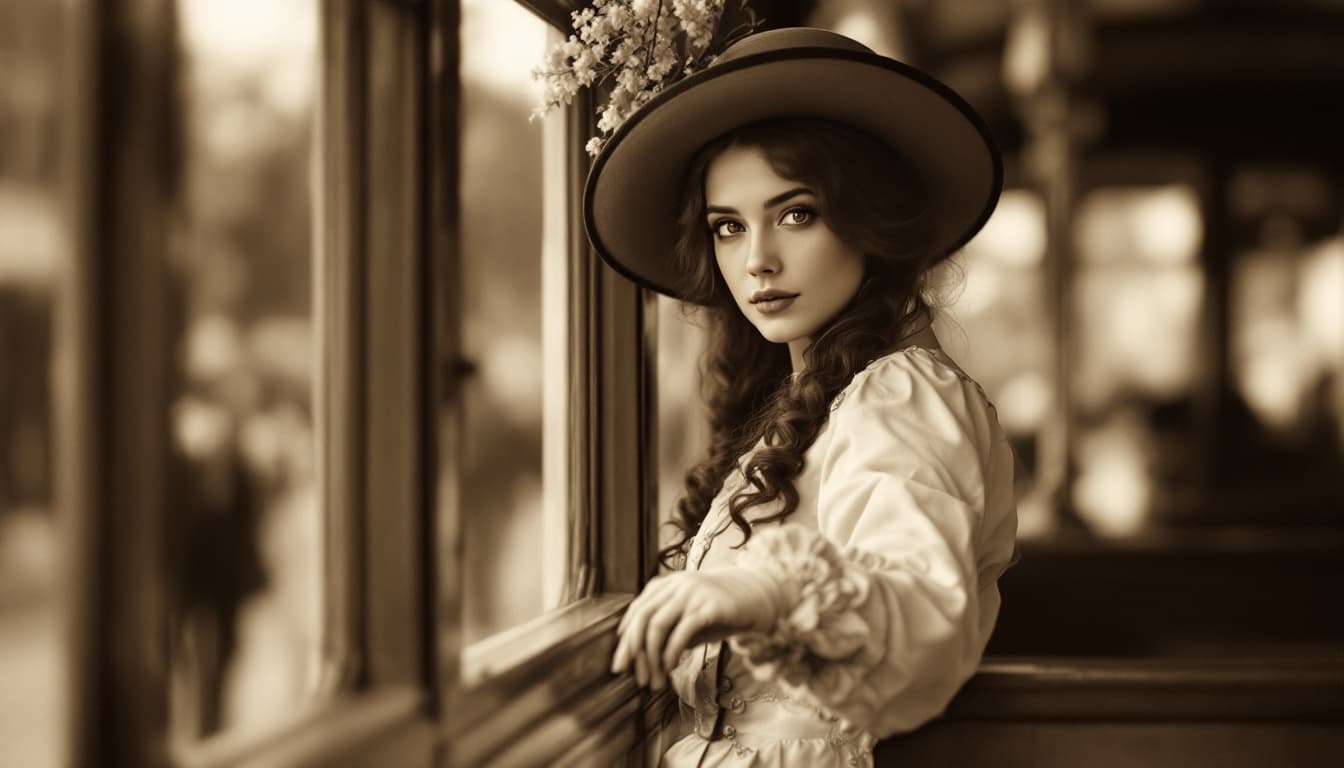 AI generated: sepia photography, one young french women, brown hair, tall and beautiful, standing In a tram of the...