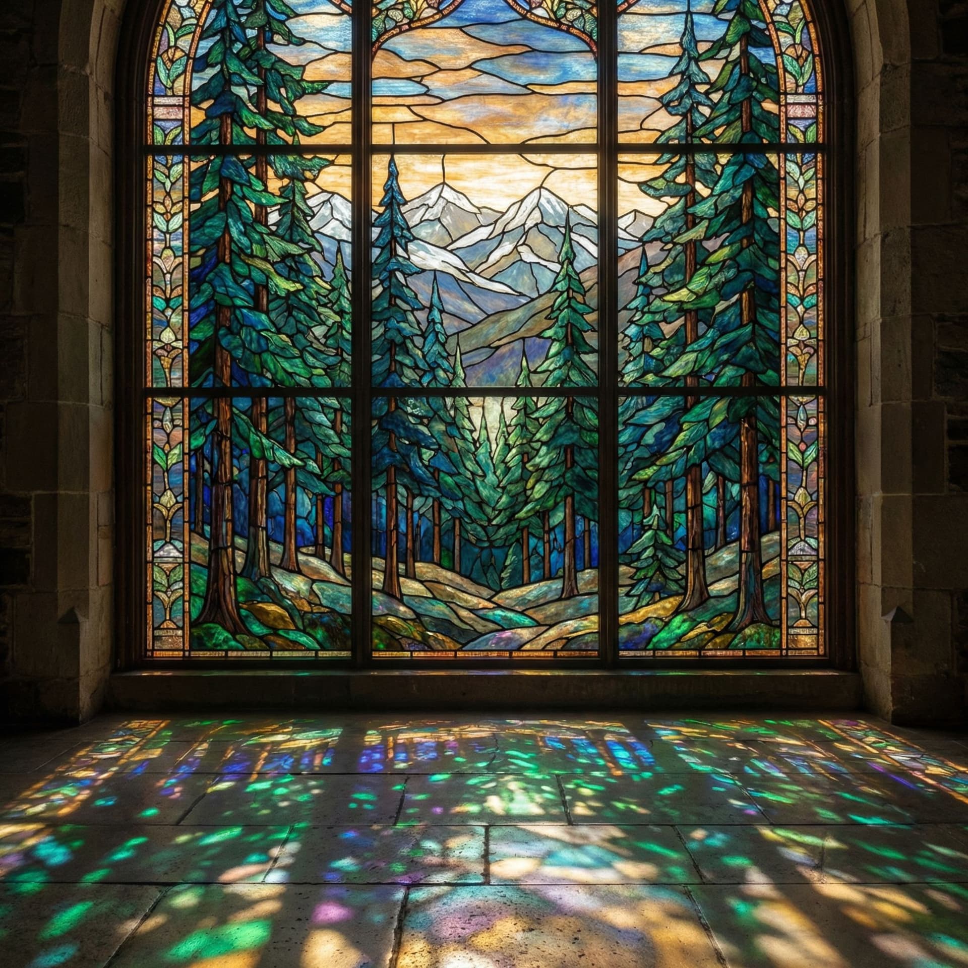 AI generated: an intricate stained glass art piece of a beautiful pine forest ,Rays of sunlight shine through the ...