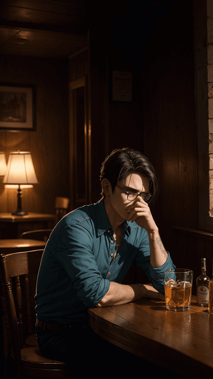 AI generated: a sad lonely young man tavern drinking liquor, handsome, loneliness sadness depression, dimly lit, m...