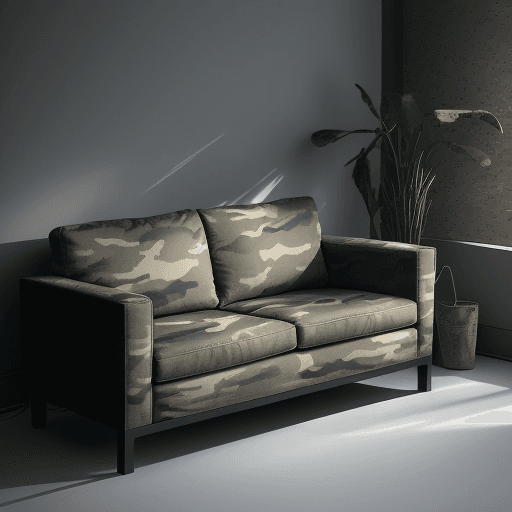 AI generated: productive photography, front view, small couch, camouflage texture with black steel detail, used ca...