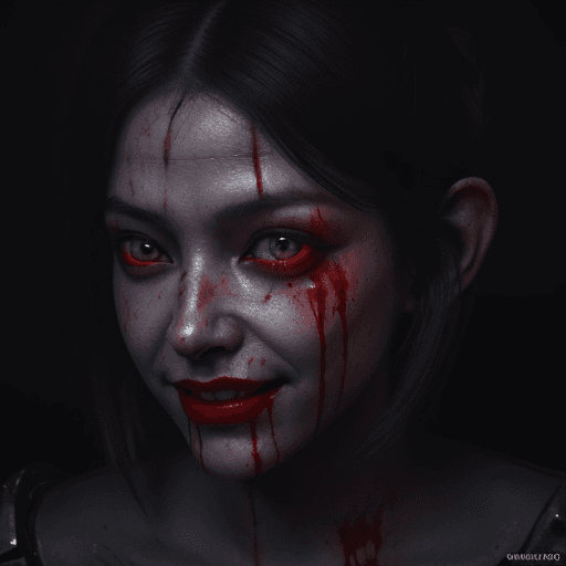 AI generated: Portrait of demon woman with creepy smile, blood oozing from her mouth, red eyes, glare pose, detail...
