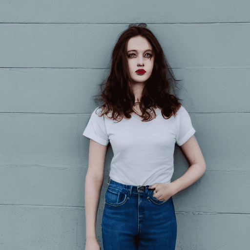 AI generated: innocent brunette girl wearing blue jeans and white tee shirt with red lips and blue eyes 
smoking l...