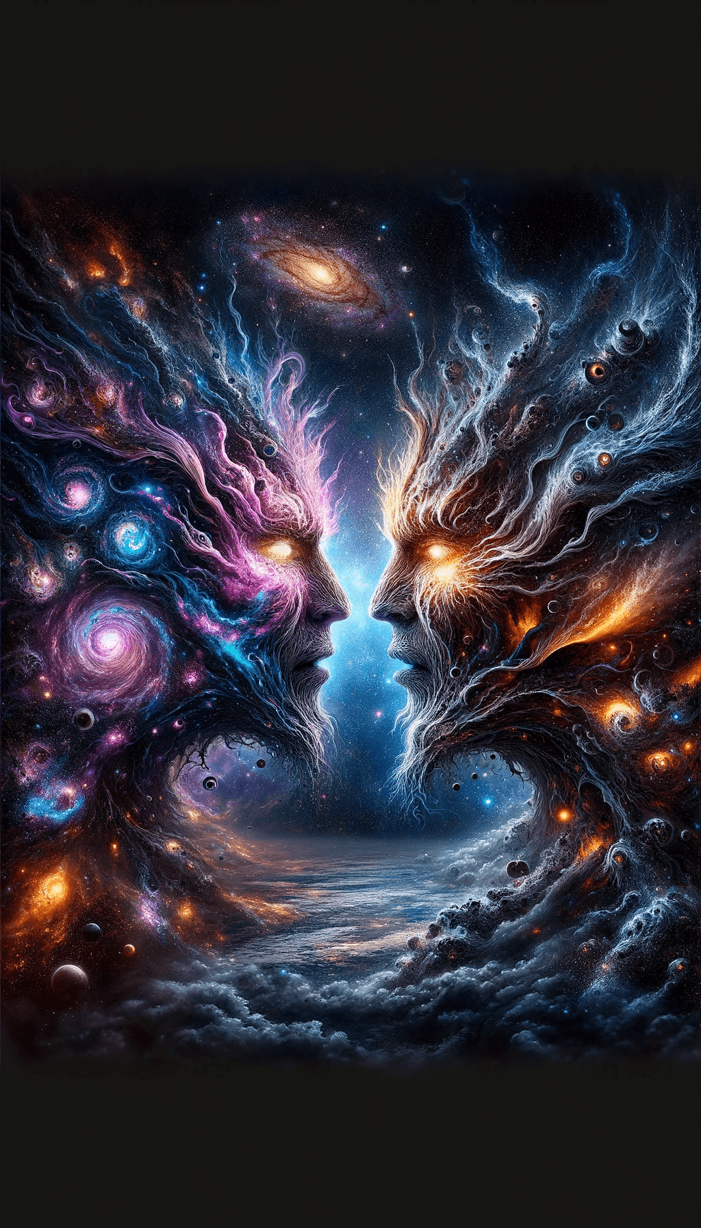 AI generated: In the vast emptiness of the interstellar void, two omnipotent deities from separate dimensions coll...