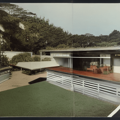 AI generated: Hyper realistic eye level exterior photo of a mid century modern style house overlooking the ocean, ...