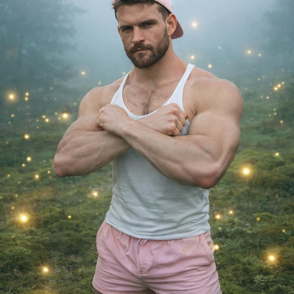 AI generated: Make this man standing in mossy field wearing light pink short shorts and a white thing strapped tan...