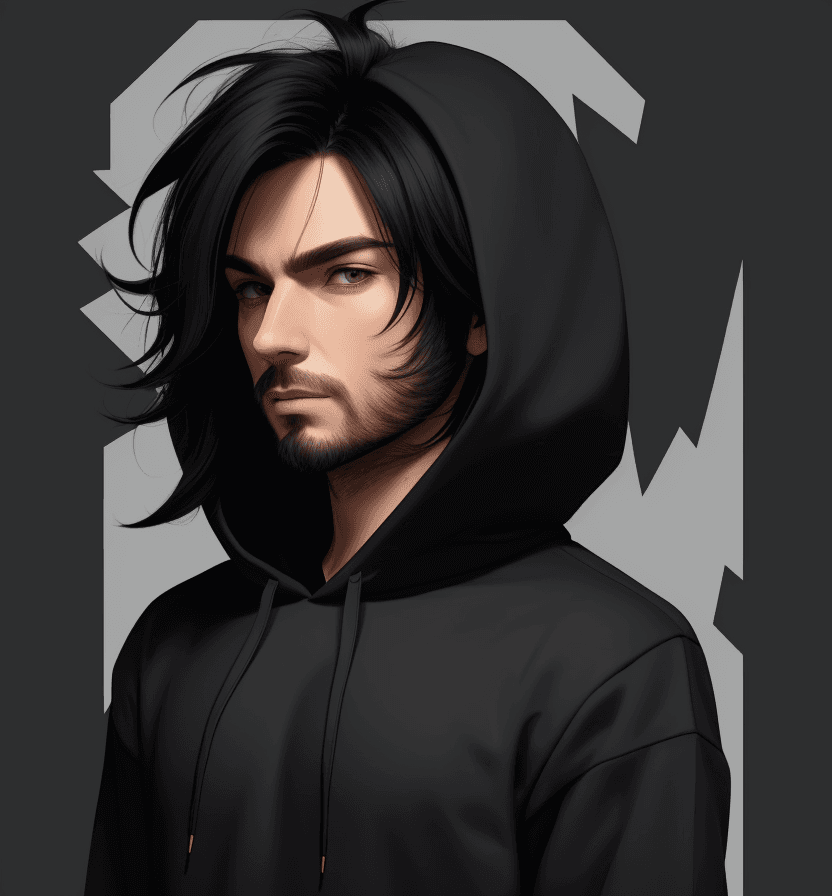 AI generated: Create 1 male character, solo, wearing Hoodie, small short beard, long straight black hair,  simple,...