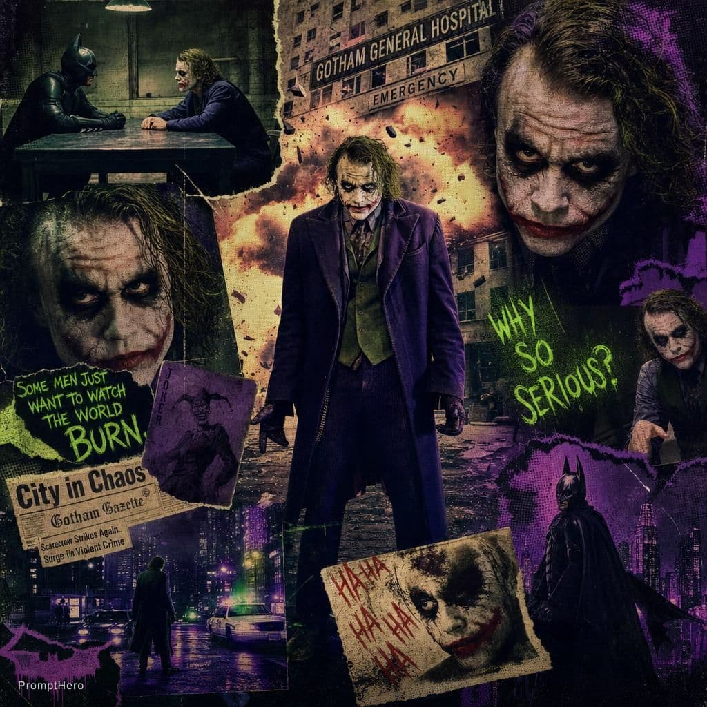 AI generated: A retro vintage collage design of Heath Ledger as the Joker. The central image shows him walking in ...