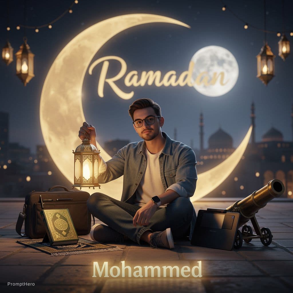 AI generated: Mohammed face a featuring a realistic character of a (young man) , sitting casually, with a large cr...