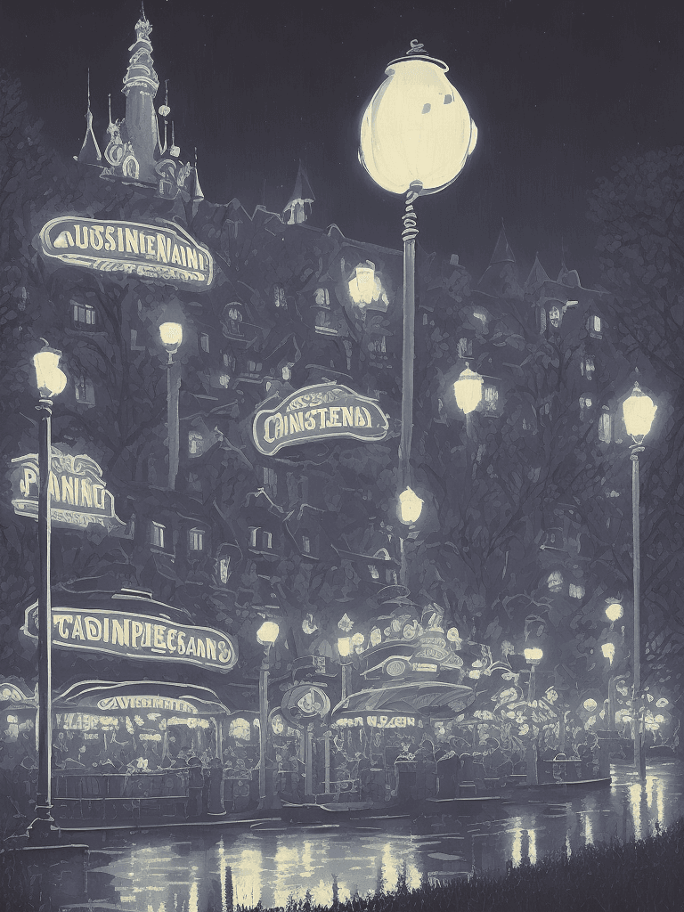AI generated: a artwork illustration, disneyland paris, night, high contrast, by Simon Stalenhag, wide angle, mons...