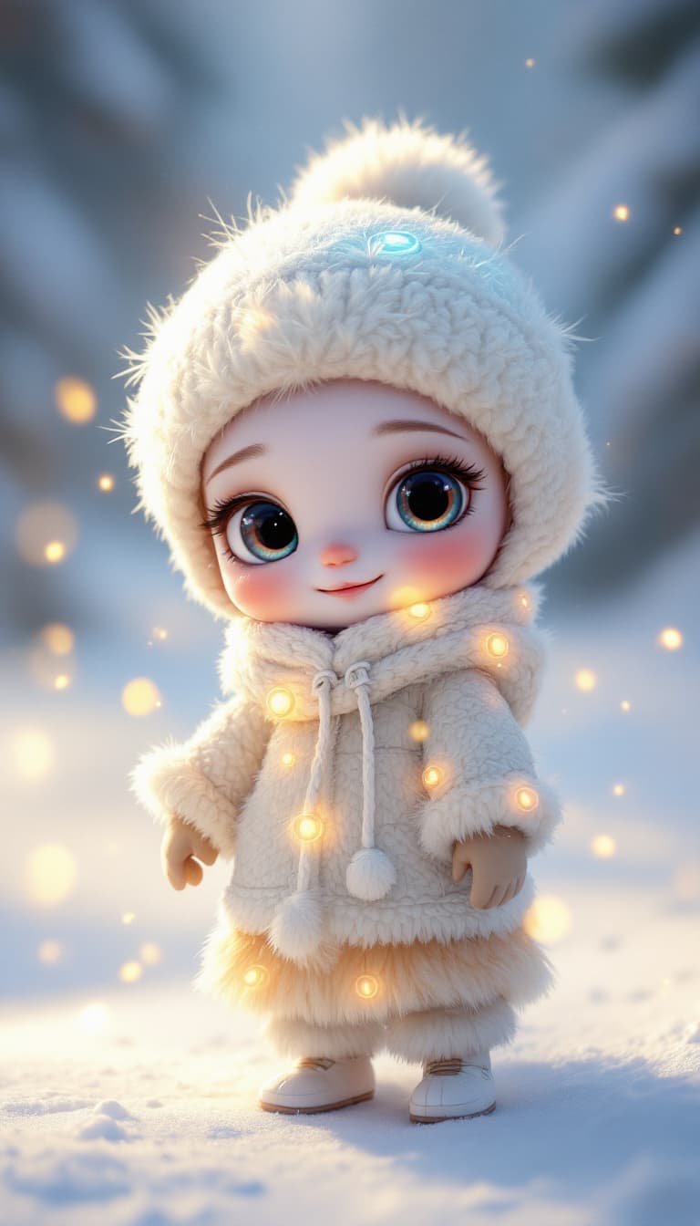 AI generated: super cute Bioluminescent snow nomad character concept, soft light, soft mood, realistic body featur...