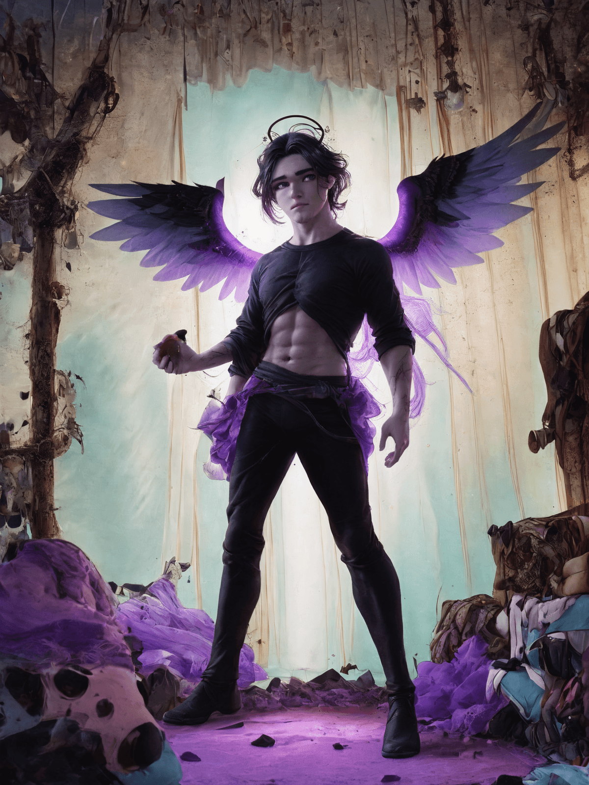 AI generated: <lora:rafanime01:1> fullbody guy, in the form of a god, with six wings behind his back, and a black ...